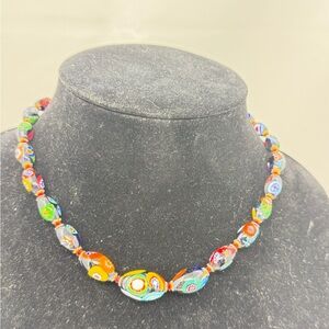 Vintage Millefiori Multicolor Art Glass Bead Necklace Knotted Barrel Clasp 16”